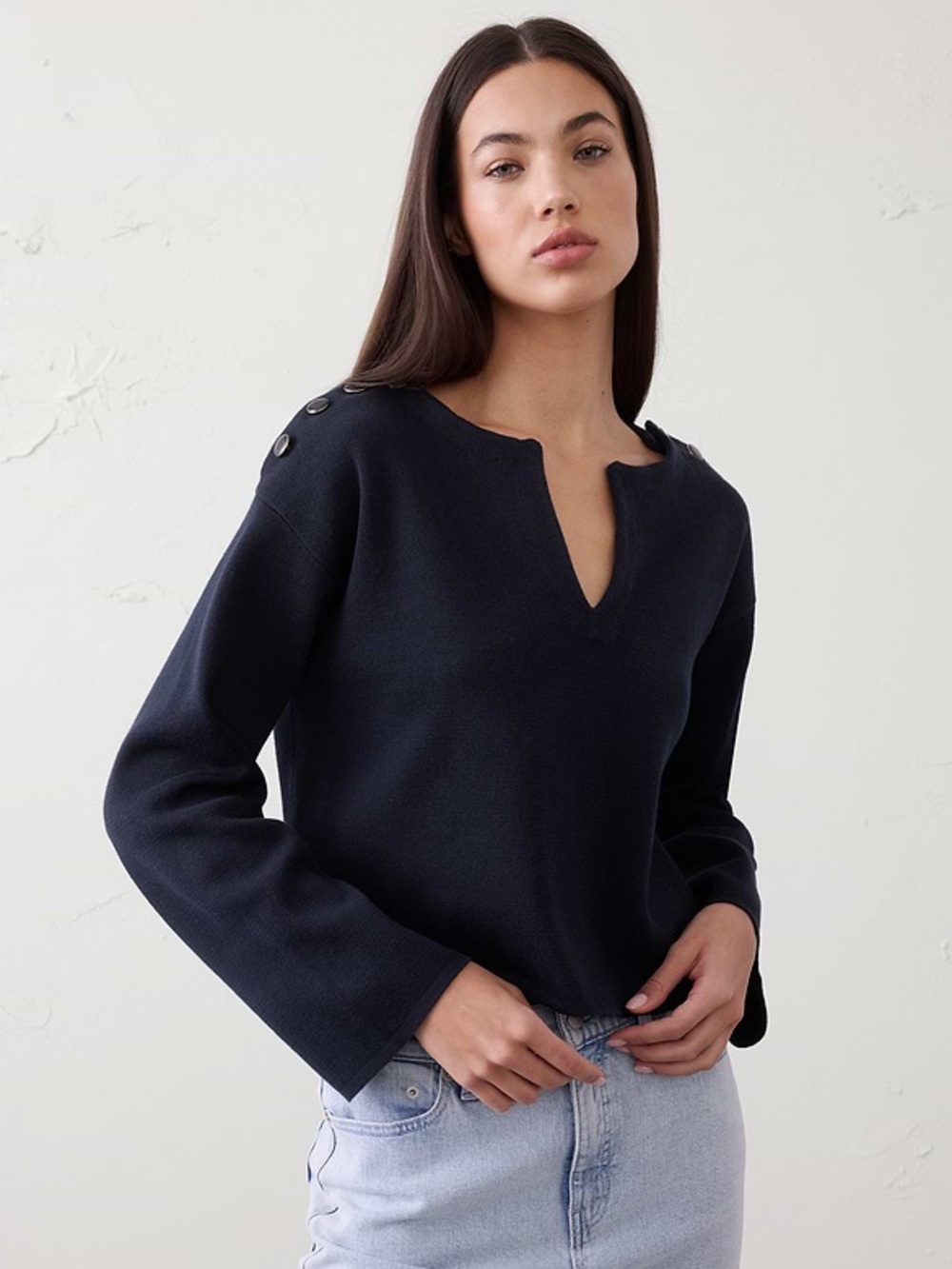 Banana Republic Navy Button Notch-Neck Sweater Oversized Size XL